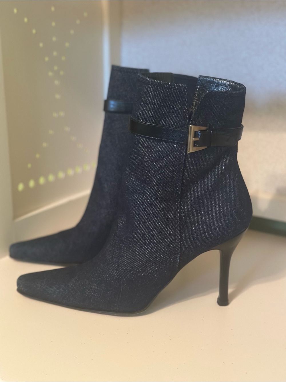 Stuart Weitzman Denim Pointed-Toe Stiletto Ankle Boots Size 8